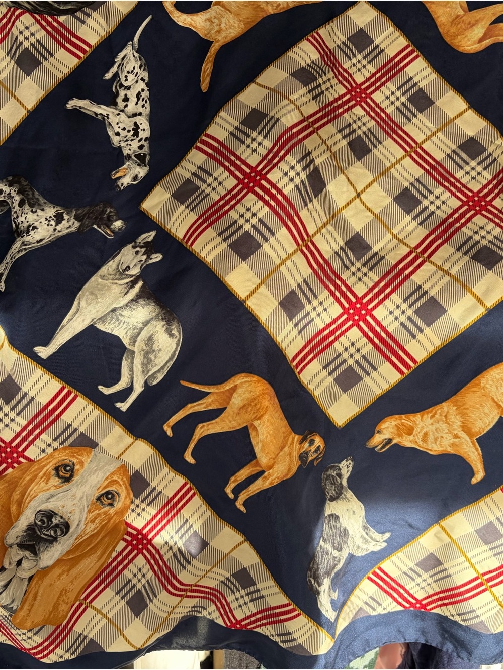 Navy Plaid & Dog Print Throw silk scarf